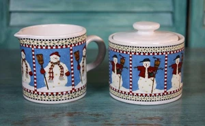 Set Zuccheriera Vintage Sakura 1998 Debbie Mumm Pupazzo di Neve Ceramica con Coperchio e Cremera - Foto 1 di 11