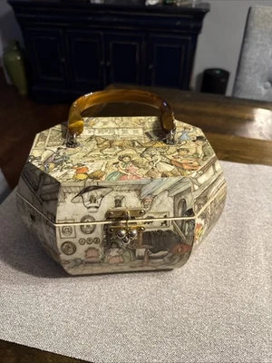 Vintage Decoupage Wood Box Purse Bakelite Handle S Tan / Anton Pieck 10”W 5”H - Image 1 of 4