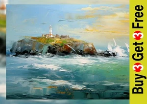 Lighthouse on Coastal Cliff 5"x7" Print on Matte Paper | Bold Ocean Painting - Picture 1 of 17