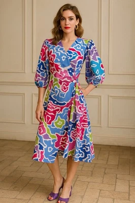 Vtg 80s Guy Laroche Paris Dress 14 Colorful Abstract Floral Wrap Cotton Resort - Image 1 of 4