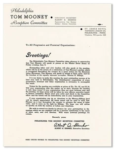 Shanks BROADSIDE LETTER SIGNED IN FACSIMILE ANNOUNCING PHILA. TOM MOONEY RALLY - Picture 1 of 1
