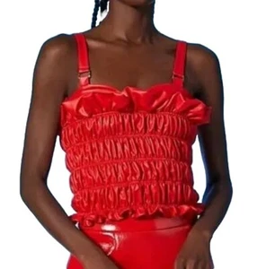 Womens Size 10-12 UK Red PU Leather Ruched Shirred Crop Cami Top Frill New M - Picture 1 of 4
