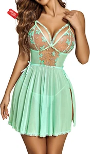 Women'S Lingerie Lace Chemise Floral Embroidery Mesh Babydoll Side Slit Sleepwea - Picture 1 of 13