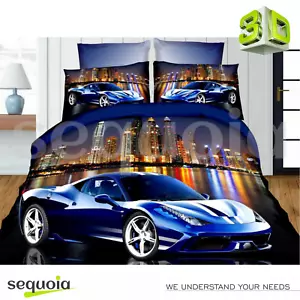 3D Bedding Set Single UK / Double UK / Euro Blue Car + Gift Box ✅ Free Delivery! - Picture 1 of 12