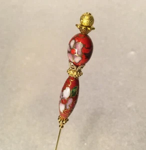 SLIM RED CLOISONNE HATPIN WITH PINK FLOWERS IN GOLD SETTING - 8 INCH - Picture 1 of 10