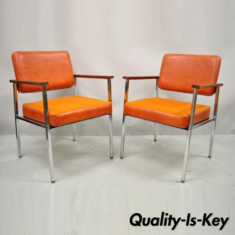 Mid Century Modern Orange Naugahyde Chrome Frame Lounge Arm Chairs by Malibu Ind Cover