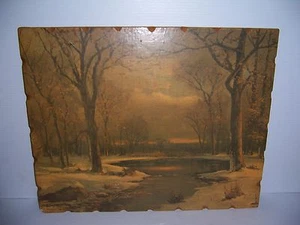 VINTAGE ROBERT WOOD CREEK WINTER SCENE PRINT LITHO ON PRESSED BOARD - Picture 1 of 6