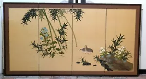 Byobu Japanese Style 4-Panel Quail Folding Screen Signed Hand Painted Needs TLC - Picture 1 of 12