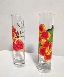 Vintage Hand Painted Pair Of Glass Vases Floral Flowers Tropical Hibiscus  - Picture 1 of 4