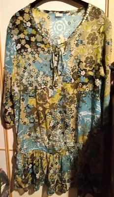 CHEER  Chiffonkleid  aqua -braun-beige gemustert +Pailetten  Gr.40  Neu - Bild 1 von 4