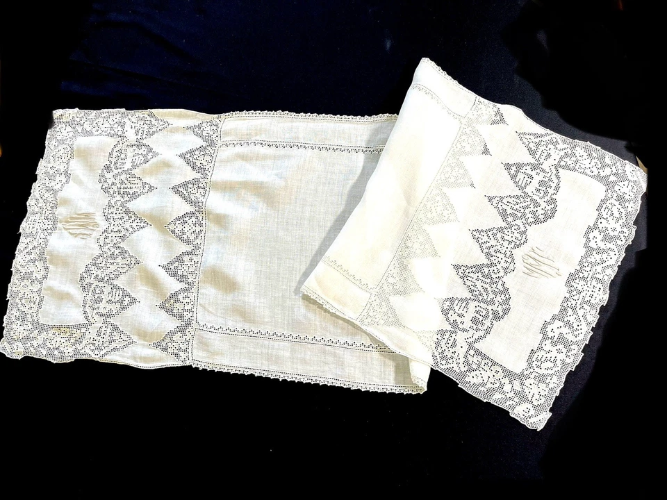 Antique Figural Italian hand Punto Tirato Lace & Linen Monogram Table Runner - Image 1 of 4