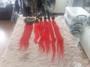 BRAZILIAN VIRGIN HAIR 24+26+28+30+30&24 LACE CLOSURE 550g 2TONES STRAIGHT 1B/RED - Picture 1 of 6
