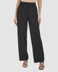 DKNY Women Black Solid Wide-Leg Crepe High Rise Cargo Pocket Pants Size 16 - Picture 1 of 3