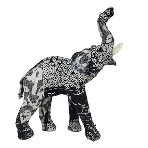 Scultura elefante cartapesta rivestita tessuto Sari nero bianco tronco fino 13 in - Foto 1 di 12