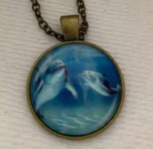 Dolphins Bronze tone FUN Jewelry 19" Necklace Chain w Glass Domed Pendant 1" - Picture 1 of 3
