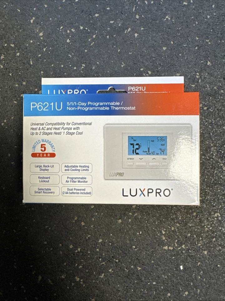 LuxPro P621U Thermostat for Heat & AC and Heat Pumps 2 Stages Heat 1 Stage Cool - Image 1 of 1