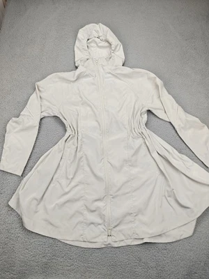 Chaqueta Athleta Mujer Pequeña Beige Con Capucha Larga Ligera Dos Vías Cremallera Bolsillos Foto 1 de 4