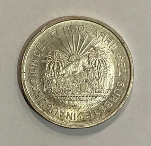 1950 Mexico Cinco Pesos Ferrocarrile Railroad %90 Silver Coin GEM BU Toned #4 - Picture 1 of 2