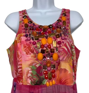 DG2 DIANE GILMAN Women size M Pink Floral Heavily Beaded Maxi Dress Lined - Picture 1 of 13