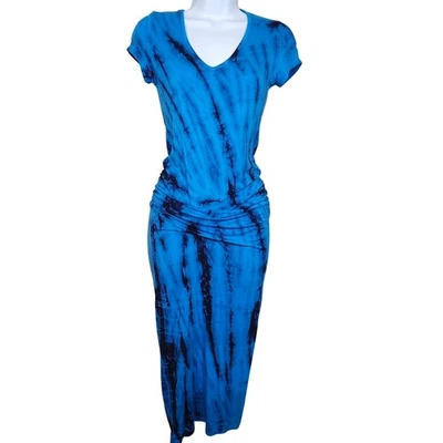 YOUNG FABULOUS & BROKE Blue Black Tie Dye Ruched V Neck Maxi Dress Size S - Image 1 of 4