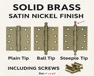 4"x 3-1/2" solid brass ball bearing door hinge, satin brushed with Steeple tip - Picture 1 of 3