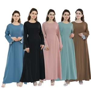 New Women Abaya Dubai Lace Splice With Belt Elegant Robe Turkiye Prayer Clothes - Bild 1 von 43