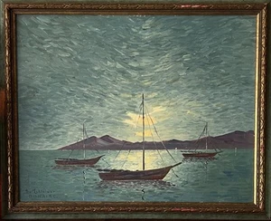 BOATS IN HARBOR AT TWILIGHT 60s Oil Painting SIGNED LISTED ARTIST Siem Metselaar - Picture 1 of 15