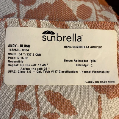 Sunbrella Fabric Upholstery Sample 26”x26” Peach Coral & Cream Abstract W/Leaves - Image 1 of 4