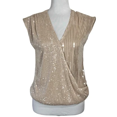 NUEVO CON ETIQUETAS Cable y Calibre Champán Lentejuelas Imitación Envoltura Top Talla Pequeña Brillante Neutro Nuevo Año Foto 1 de 4