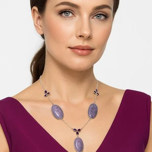 Natural Lavender Jade & Amethyst 925 Sterling Silver Necklace Jewelry N-1021 - Picture 1 of 6