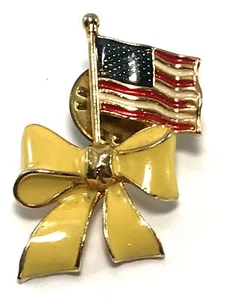 Enamel Patriotic American Flag and Yellow Ribbon Tie Tack Lapel Pin Gold Tone - Picture 1 of 3