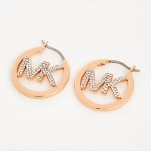 MICHAEL KORS BRASS ROSE GOLD PAVE MK CRYSTALS LOGO HOOP EARRINGS MKJ7637791 - Picture 1 of 5