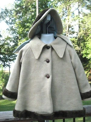 Vintage Toddler/Youth/Doll Winter Coat&Hat Tan wFaux Fur Trim Fleece Lining Wool - Image 1 of 4