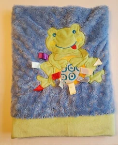 Weiche kuschelige blaue Plüsch Babydecke mit grünem Frosch seidige Etiketten Lovey - Bild 1 von 6