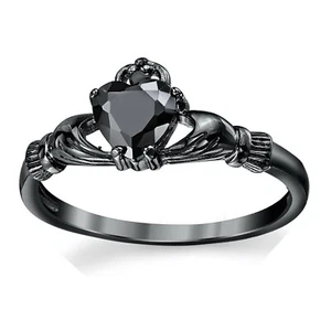 1.30Ct Black Heart Cut CZ Gothic Claddagh Ring In Black Rhodium Over 925 Silver - Picture 1 of 3