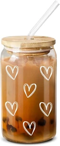 Cute Glass Coffee Cups with Lids and Straw – Aesthetic Cups – Iced Coffee Cup, C - Picture 1 of 8