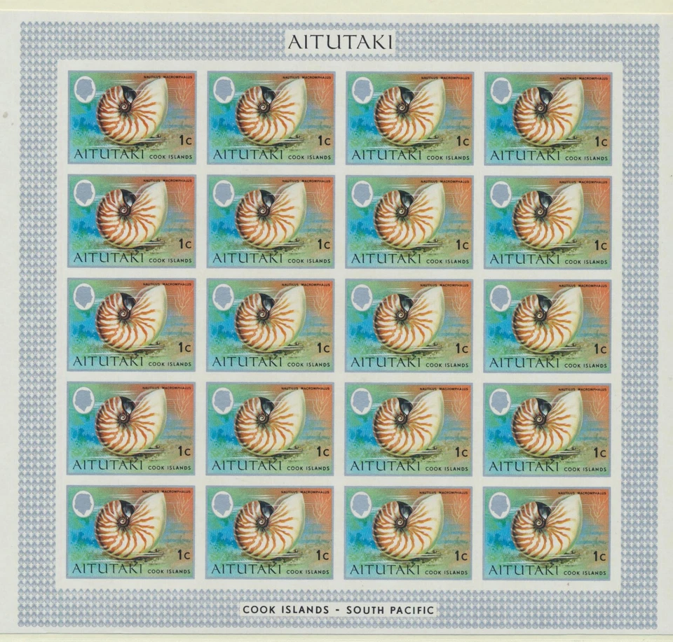 Aitutaki 83 1974 1c Nautilus Macromphalus Seashell IMPERF hoja de 20 VF NH Foto 1 de 1