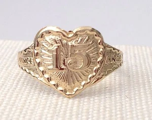 14k Yellow Gold 15 Anos Birthday Heart Diamond Cut Quinceanera Ring Band - Picture 1 of 12