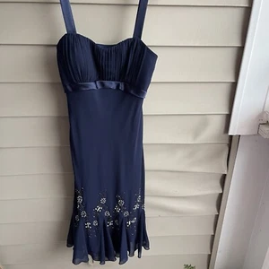 Women’s Blue Floral Beaded Sleeveless Midi Dress Whimsical Babydoll HOCO Sz M - Picture 1 of 8