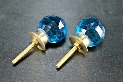 Sky Blue Diamond Cut Glass Door Knobs | Brass Base, Vintage Set of 2, Home Decor - Image 1 of 4