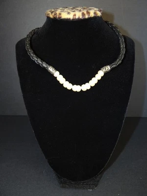 16”, Honora Plata de Ley 925 Trenzado Tejido Cuero Negro Collar Perla Foto 1 de 4