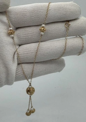 Antique Filigree Natural Pearl & 14k Gold Drop Dangle Necklace - Image 1 of 4