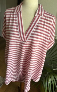 NWT Liz Claiborne Womens XL Linen Short Sleeve Collared V Neck Red White Stripe - Picture 1 of 10