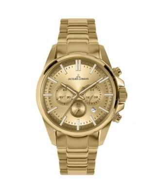 JACQUES LEMANS Relógio Masculino Analógico Quartzo Casual Vestido Clássico Mostrador Dourado Waterpro - Imagem 1 de 4