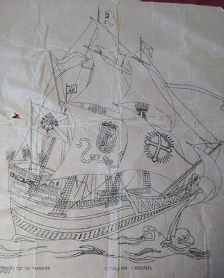 1930s Embroidery transfer GALLEON for a Firescreen - Image 1 of 4