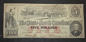 1863 NC-33 STATE OF NORTH CAROLINA CONFEDERATE $ 5,00 DOLLAR BANKNOTE  - Bild 1 von 2