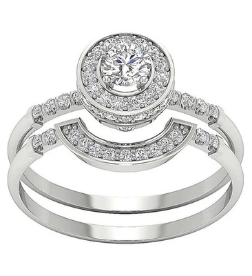 VS F 0.90 Ct Lab Grown Diamond Halo Engagement Bridal Ring Set 14K White Gold - Image 1 of 4