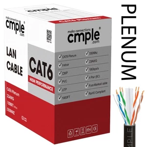 Plenum Cat6 Cable 1000FT Cat 6 10 Gigabit Ethernet Network Wire LAN Cord Black - Picture 1 of 6