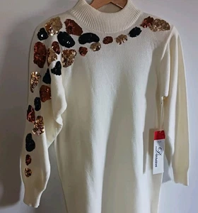 Vestido Suéter Vintage Marfil Blanco Estampado Leopardo Lentejuelas Años 80 Pequeño Nuevo Con Etiquetas - Imagen 1 de 11