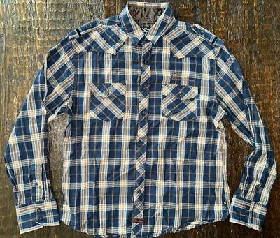 Camisa Country Western Para Hombre Talla Grande Fender Grande Azul y Marrón A Cuadros Abotonada Foto 1 de 4